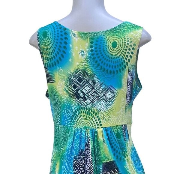 Maxi Dress Women's Medium Blue Green Abstract Mix Print Surplice Neck Sleeveless - Picture 9 of 14